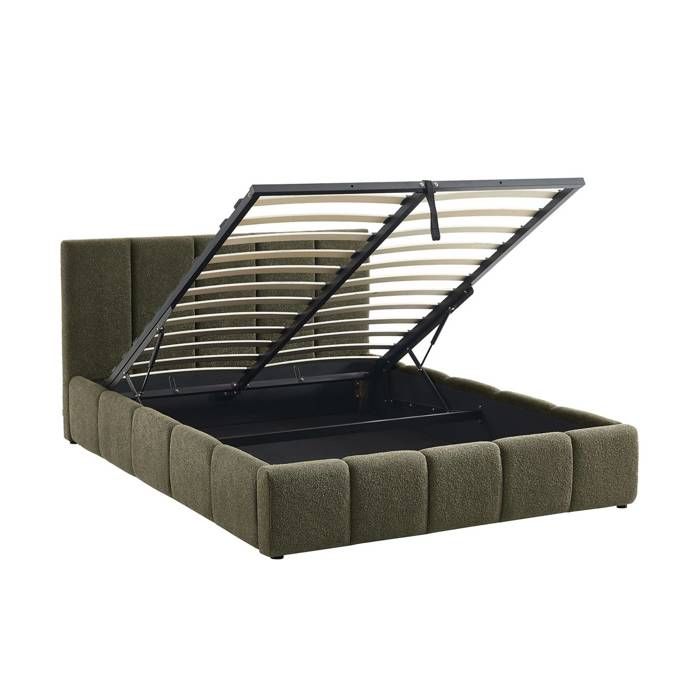 Lit coffre double avec sommier à lattes et tête de lit kaki finition bouclette texturée 140x190cm- Lex