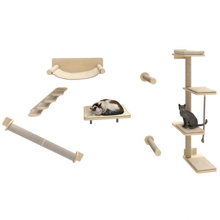 Comparer les prix de Balconera Arbre à chat mural Mur descalade 7 pièces - 4 plates-formes + hamac - Bois naturel