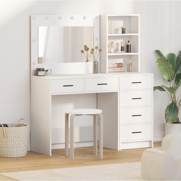 Ensemble de Coiffeuse 2 Pièces avec Lumières LED en Bois Blanc