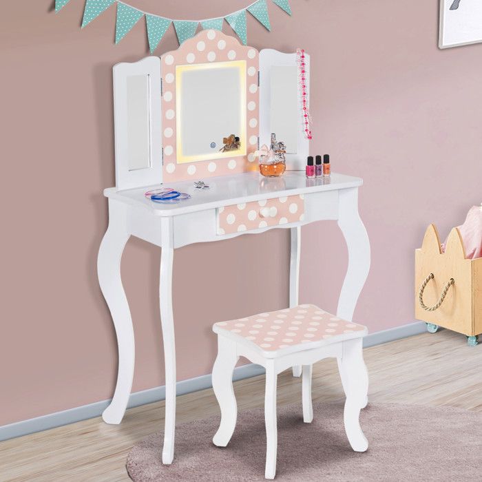 IDMARKET Coiffeuse enfant ROZA LED blanche et rose avec 3 miroirs et tabouret IDMARKET Coiffeuse enfant ROZA LED blanche et rose avec 3 miroirs et tabouret