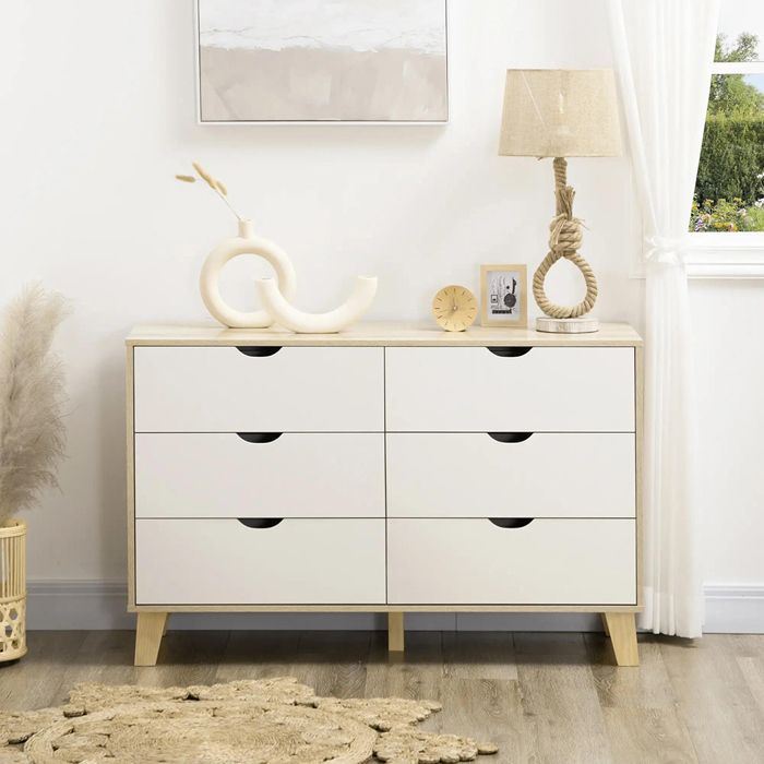 Commode 6 tiroirs style scandinave meuble de rangement - 120l x 40P x 76H cm aspect bois et Beige Commode 6 tiroirs style scandinave meuble de rangement - 120l x 40P x 76H cm aspect bois et Beige