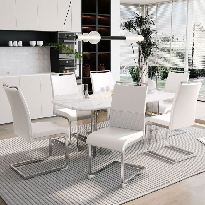 Chaise de Salle à Manger lot de 6 chaise dossier haut rembourré dossier en similicuir PU et lin design à bandes transversales blanc