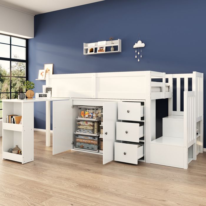 Lit mezzanine 90 x 200 cm lit denfant en bois avec bureau extensible compartiment de rangement et armoire tiroir escalier