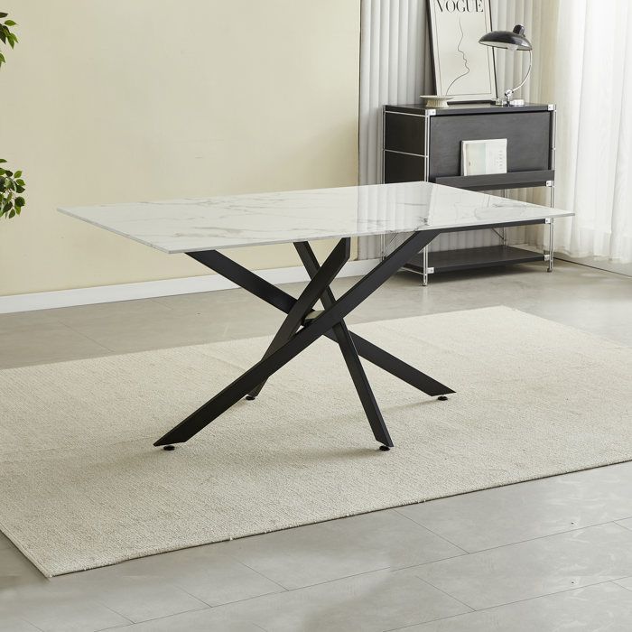 Table à manger rectangulaire en verre trempé - Effet marbre blanc et métal noir – 6 personnes – CHIARA