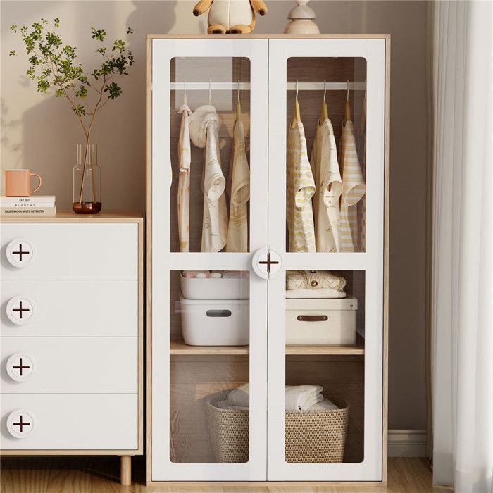 Armoire Chambre Enfant 2 Portes en Verre 80 cm Armoire Penderie Dressing Enfant Bebe avec Étagères Réglables Bois Naturel + Blanc