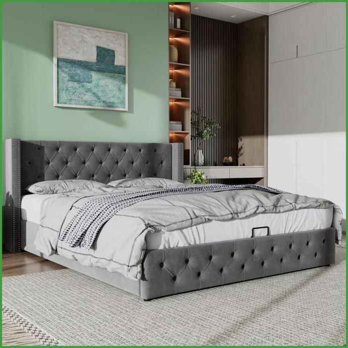Lit Capitonné Chesterfield Double 180x200 - Rangement Hydraulique - Velours Gris