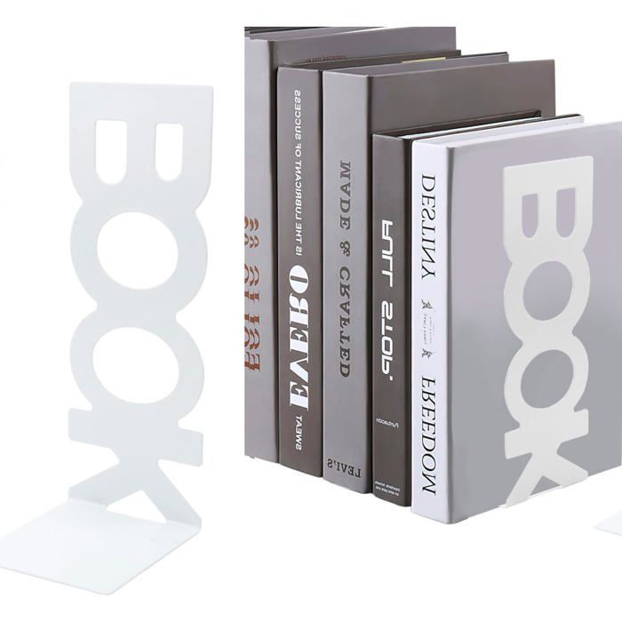 Lot de 4 serre-livres blancs en métal pour étagère porte-livres