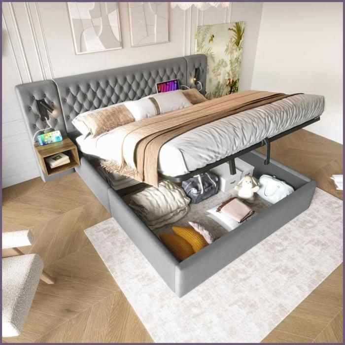 Bettanlage Schlafzimmer Komplett Set - Hydraulisch Stauraumbett 160x200 cm + 2 Nachttischen Leselicht USB - Grau Samt