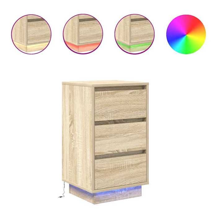 Table de chevet LED - GKO - Chêne sonoma - 38x34x65 cm - 3 tiroirs - Éclairage LED RVB - Connecteur USB