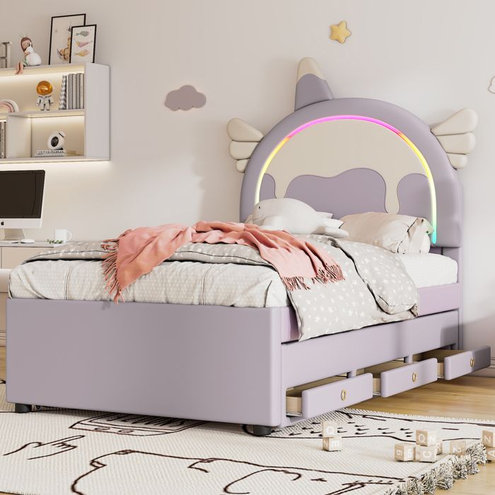 Lit denfant de dessin animé 90*200cm en forme de licorne équipé dun lit à roulettes extensible matériau PUViolet