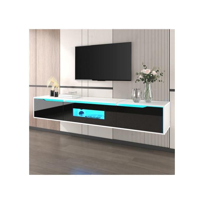 Meuble TV - BLOSSOM - 180x50x38 cm - Noir - 3 Tiroirs - LED Multicolore Meuble TV - BLOSSOM - 180x50x38 cm - Noir - 3 Tiroirs - LED Multicolore
