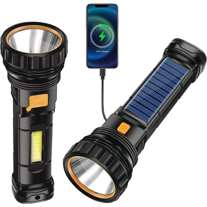 Lampes torches solaires LED (lot de 2) rechargeables 1200 mAh avec câble de chargement USB étanches IPX4 3 modes déclairage
