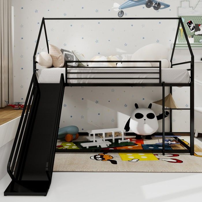 Lit Mezzanine Enfant avec Toboggan et Cadre Maison Échelle Sans Sommier - Kit de Montage Simple Sans Matelas Inclus