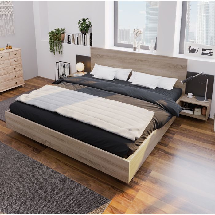 Lit adulte 160x200 cm en bois. avec 2 tables de chevet - Style Moderne. matelas non inclus. couleur naturelle