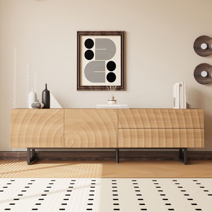 Meuble TV 180 x 38 x 515 cm avec Façades Ondulées 3D Portes et Tiroirs Style Scandinave Banc TV - Merax