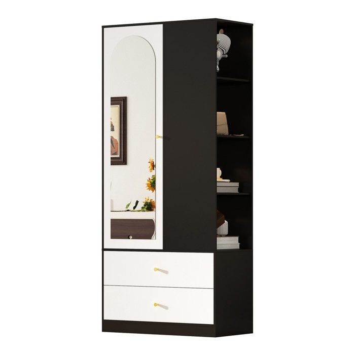 Armoire De Chambre Avec Miroir 80x40x180cm Blanche Et Noire 1 Porte 2 Tiroirs 4 Étagères Rangement Polyvalent Pour Chambre Moderne Armoire De Chambre Avec Miroir 80x40x180cm Blanche Et Noire 1 Porte 2 Tiroirs 4 Étagères Rangement Polyvalent Pour Chambre Moderne