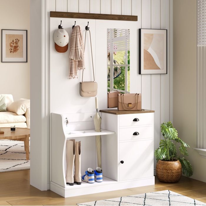 Meuble dentrée -Vestiaire 110.5x38x191 cm avec miroir. 2 tiroirs. 1 porte. crochets et porte-parapluies blanc et bois