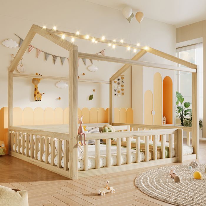 Lit Cabane Enfant 180x190 cm avec Éclairage LED Barrières de Sécurité - Style Minimaliste - Bois de Pin Massif + MDF - Sans Matelas