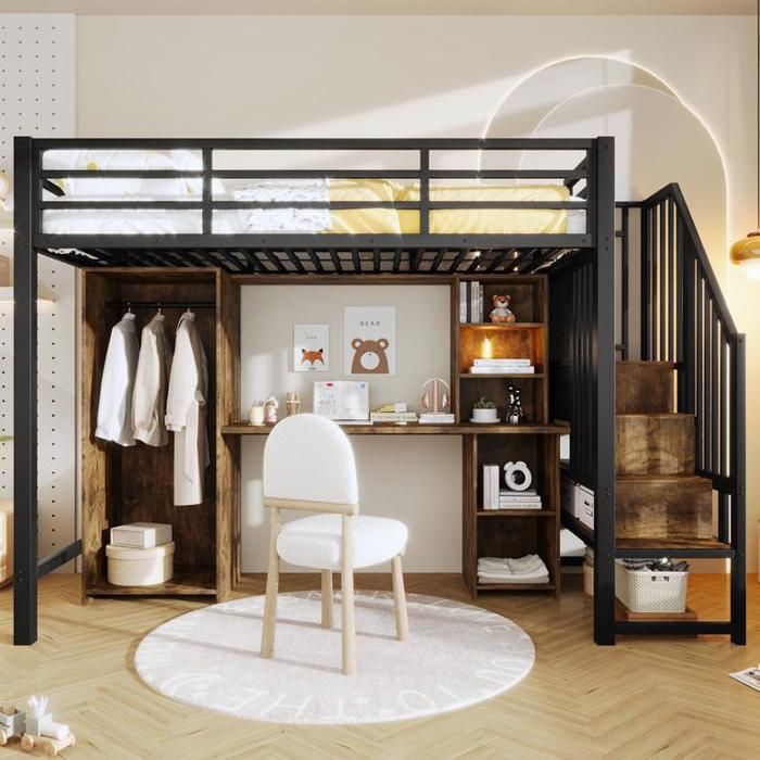 Lit mezzanine 90x200 cm avec rangements armoire Lit enfant avec bureau et escalier avec rangements Structure en fer Noir