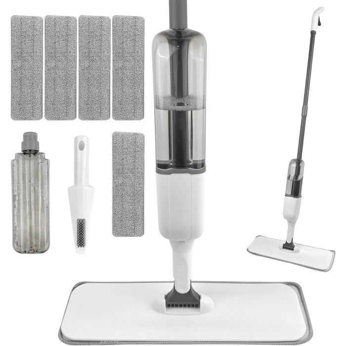 Balai Serpillère Vaporisateur Balais Nettoyer Sol Spray Mop Plat Microfibre Balai avec 5 Tampons Réutilisables et Racloir