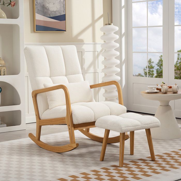 MOTHINESSTO4327-Fauteuil à bascule avec repose-pieds rocking chair en tissu bouclette pieds en bois 645 x 82 x 89 cm blanc