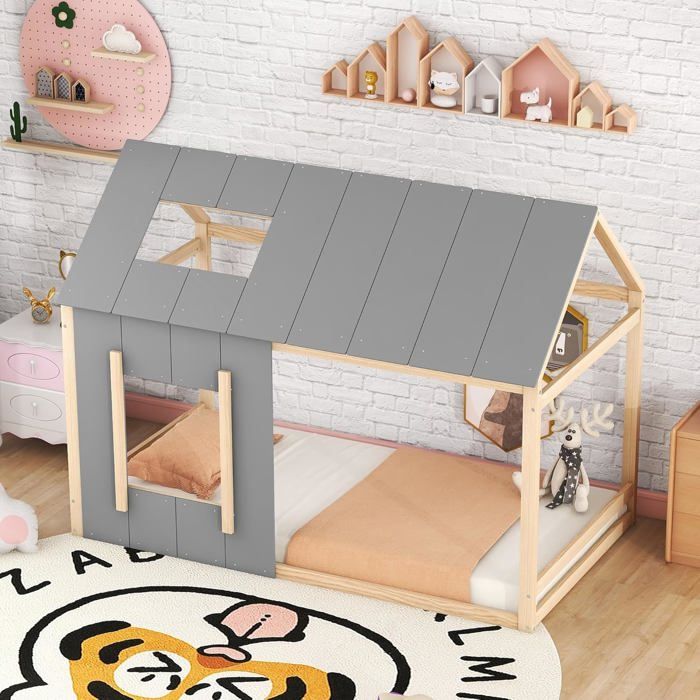 Lit enfant en forme de maison 90x200cm pin et MDF naturel et gris avec toit et fenêtre lit simple pour enfant 206 x 95 x 150 cm