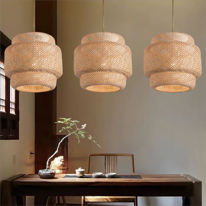 WOTTES Lustre Suspension Luminaire Suspension Bambou Rotin Naturel Ø40*40cm 3PCS pour Chambre Salle à Manger Cuisine