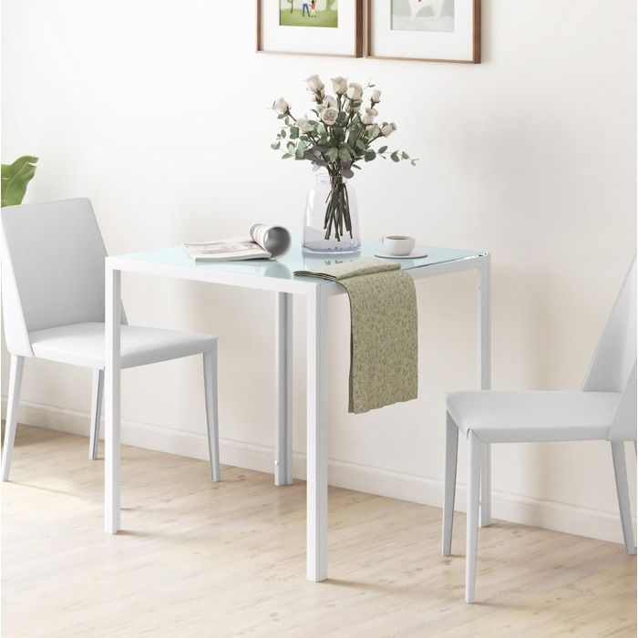 Table à manger carrée blanche 75 x 75 x 75 cm plateau en verre pieds métal montage nécessaire