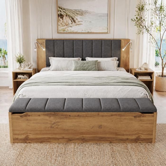 Lit coffre 180x200 cm avec tête de lit relevable 2 chevets banc de rangement lampes USB lin - chêne