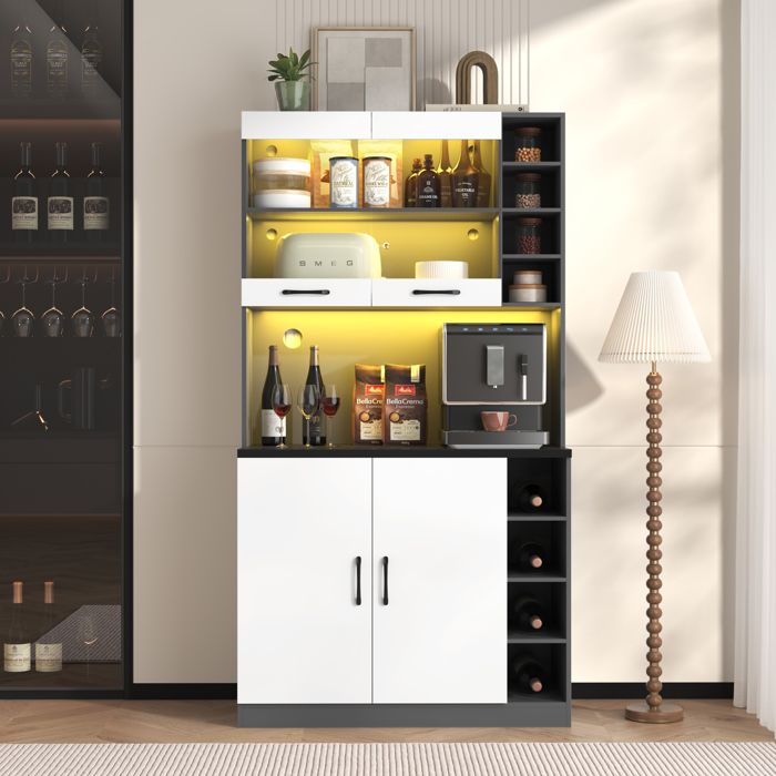 Buffet cuisine 100x47x187 cm bois LED ambiance éclairage trous câbles espace micro-ondes réglable blanc gris Buffet cuisine 100x47x187 cm bois LED ambiance éclairage trous câbles espace micro-ondes réglable blanc gris