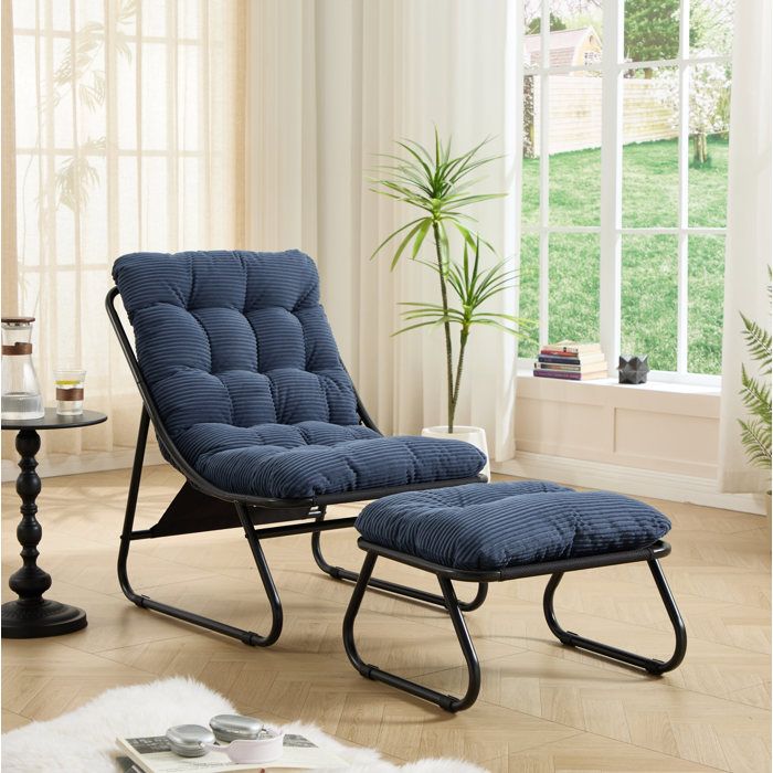 Fauteuil de Jardin avec Repose-pied 1 personne avec repose-pieds acier noir coussin bleu marine intérieur extérieur