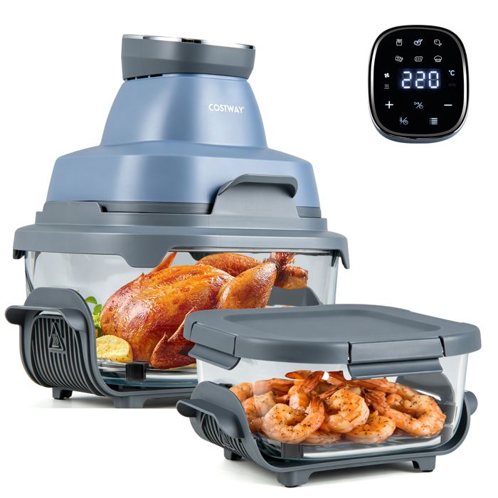 COSTWAY Friteuse sans Huile Portable 4 L ou 1 7 L 1 500 W avec 2 Récipients en Verre 6 Programmes Lavable au Lave-Vaisselle Bleu