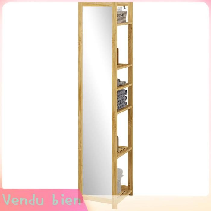 LIA Meuble colonne salle bain bambou 6 niveaux miroir naturel 35x35x168cm
