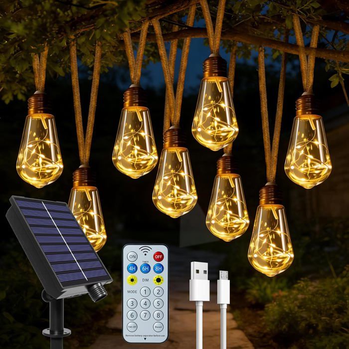 Lampes solaires dextérieur de jardin - 20 ampoules S17 - 10 m - Corde de chanvre avec télécommande USB et énergie solaire-8 modes