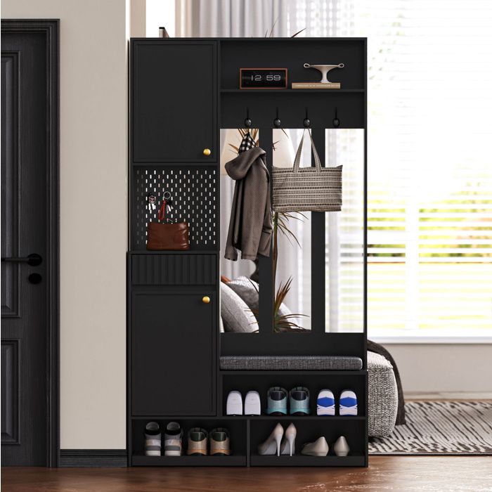 Meuble d’entrée noir en MDF 100 x 35 x 180 cm avec banc coussiné 4 patères 2 portes et 1 tiroir