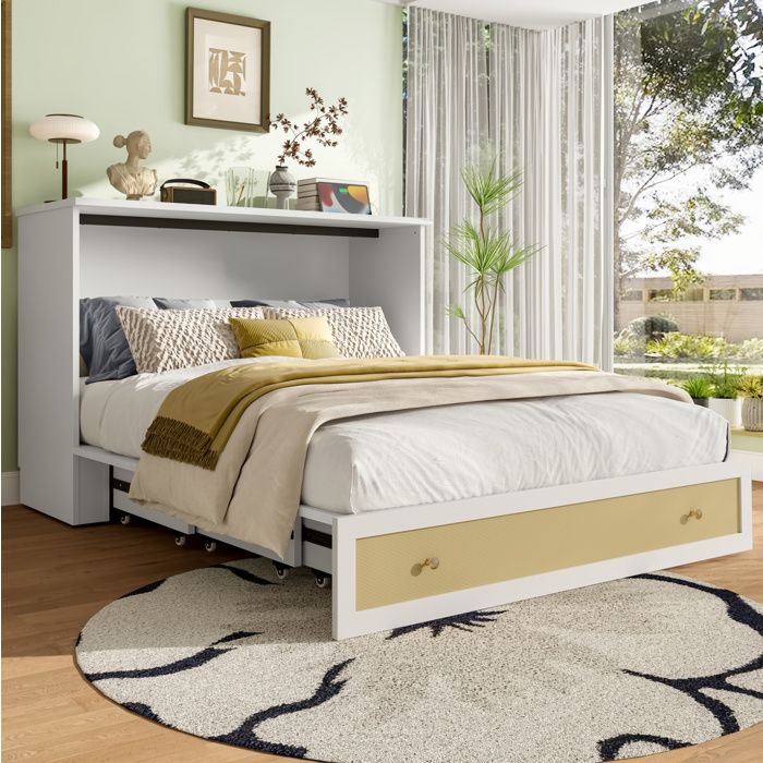 Lit escamotable 140 x 200 cm blanc avec tiroir étagère USB et prise convertible en armoire sans matelas