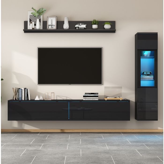 Ensemble meuble TV mural 3 pièces noir brillant avec LED RGB vitrine étagère et meuble TV 180 cm