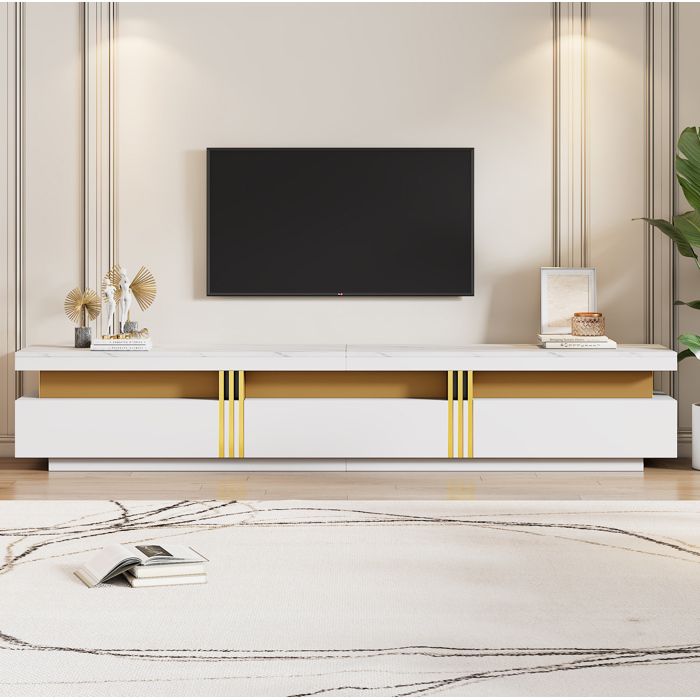 COVREO meuble TV 200 x 40 x 42 cm blanc aspect marbre avec 3 tiroirs et passe-câble jusquà 90 pouces