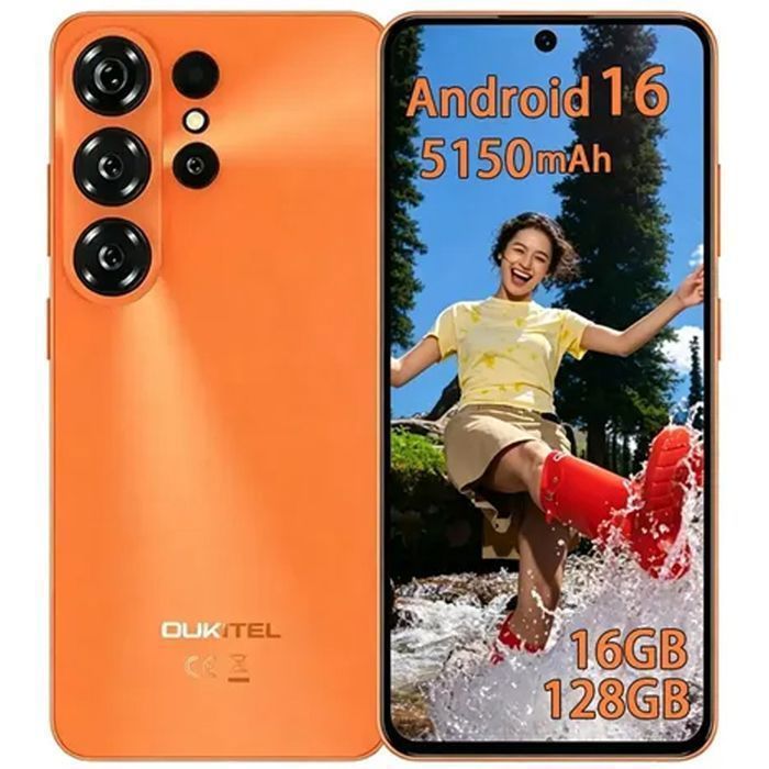 Smartphone OUKITEL C26 16Go+128Go/1To Écran 663 90Hz Batterie 5150mAh Telephone Portable Android 16 Double SIM 4G/NFC Orange