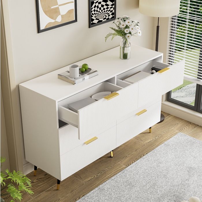 Buffet Bas 6 Tiroirs Blanc Et Or Bahut Moderne FloraGrace Pour Salon Ou Chambre Pieds 15cm Nettoyage Facile 120x40x77cm