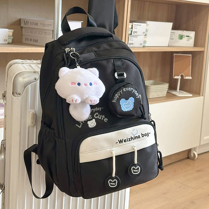 XJYDNCG Cartable Fille Primaire - Imperméable Multi - Poches Accessoire Peluche - 40x28x18cm - Noir