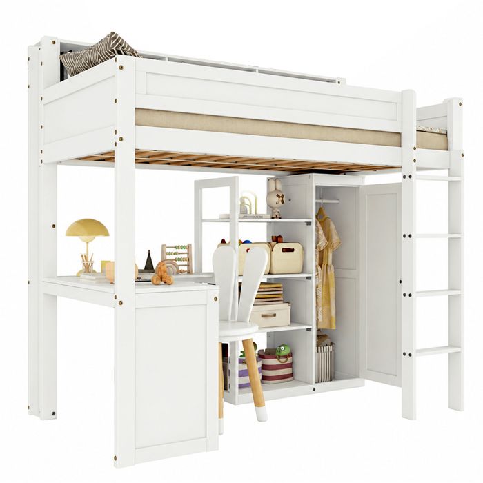 Lit mezzanine enfant 90 x 200 cm SENVIRO avec bureau et armoire intégrés étagères de rangement échelle à 4 marches blanc