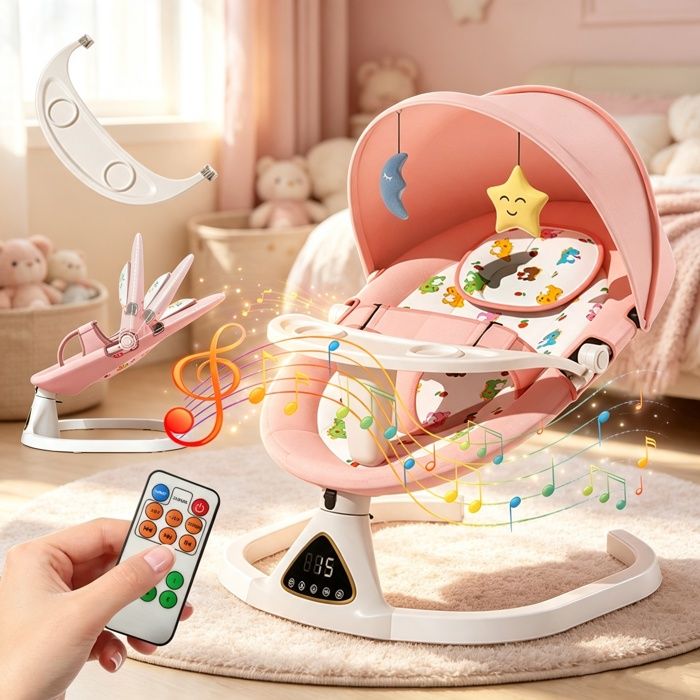 Balancelle Bébé Électrique - 5 Vitesses - Bluetooth - Télécommande - Minuteriea 3 Etapes - Avec plateau repas - 0-18 Mois - Rose