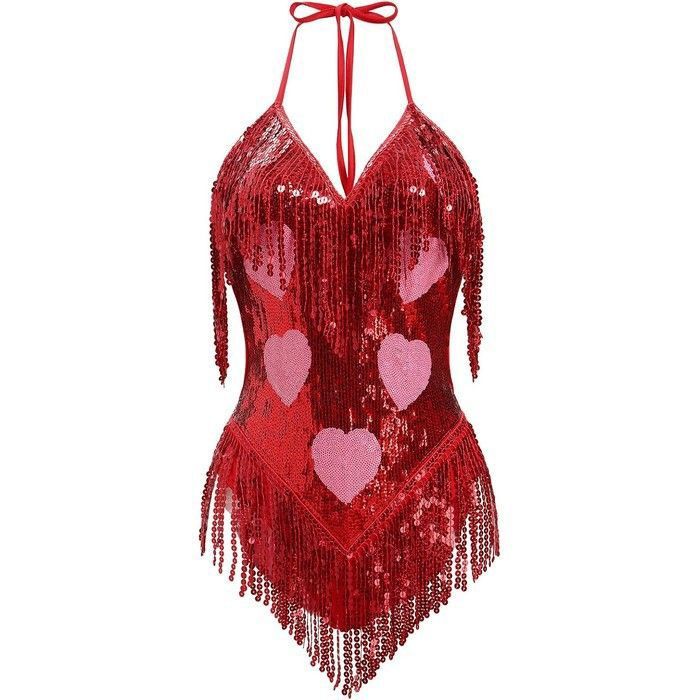 Body de danse à franges et paillettes rouge L costume de festival scintillant col V dos nu réglable tenue de scène confortable