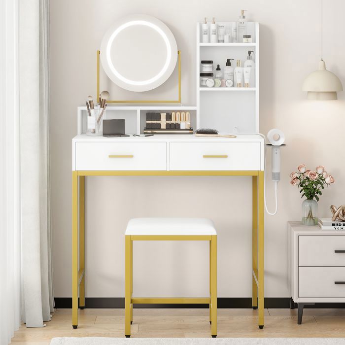 Coiffeuse LED Miroir Pivotant – 2 Tiroirs Étagères Prise USB – Tabouret Inclus –80P x 40l x 138H cm-Blanc/Or