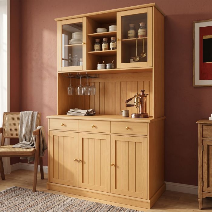 Buffet de Cuisine Vaisselier 120×40×191 cm Portes Vitrées Porte-Verres Prises et USB Grand Rangement Naturel Buffet de Cuisine Vaisselier 120×40×191 cm Portes Vitrées Porte-Verres Prises et USB Grand Rangement Naturel