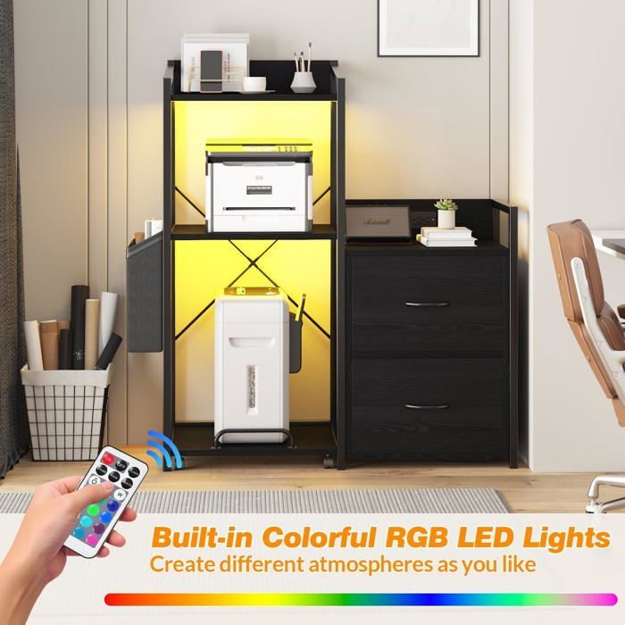 Classeur moderne avec éclairage LED et station de chargement 2 tiroirs étagères ouvertes roulettes DIN A4 & Letter Frêne noir