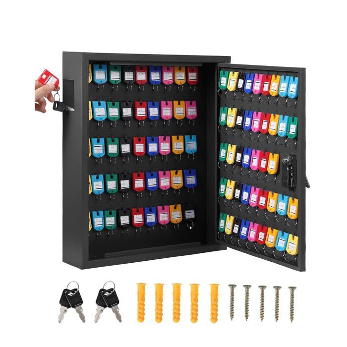 Armoire à Clés Murale 100 Places – Acier 2 Clés 88 Crochets Étiquettes CouleurNoir-36x8x42cm