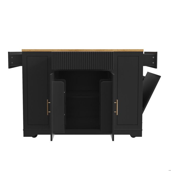 Îlot de cuisine roulant noir – 2 portes 3 tiroirs rangement poubelle intégré – MDF et métal – 120 x 50 x 92 cm