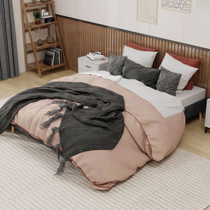 Cadre de lit en velours gris 160x200cm style moderne sans tête de lit ni coffre hydraulique pour chambre à coucher